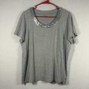 Style & Co Sequin Neck Top Womens 1X Grey Short Sleeve Cotton Tee
